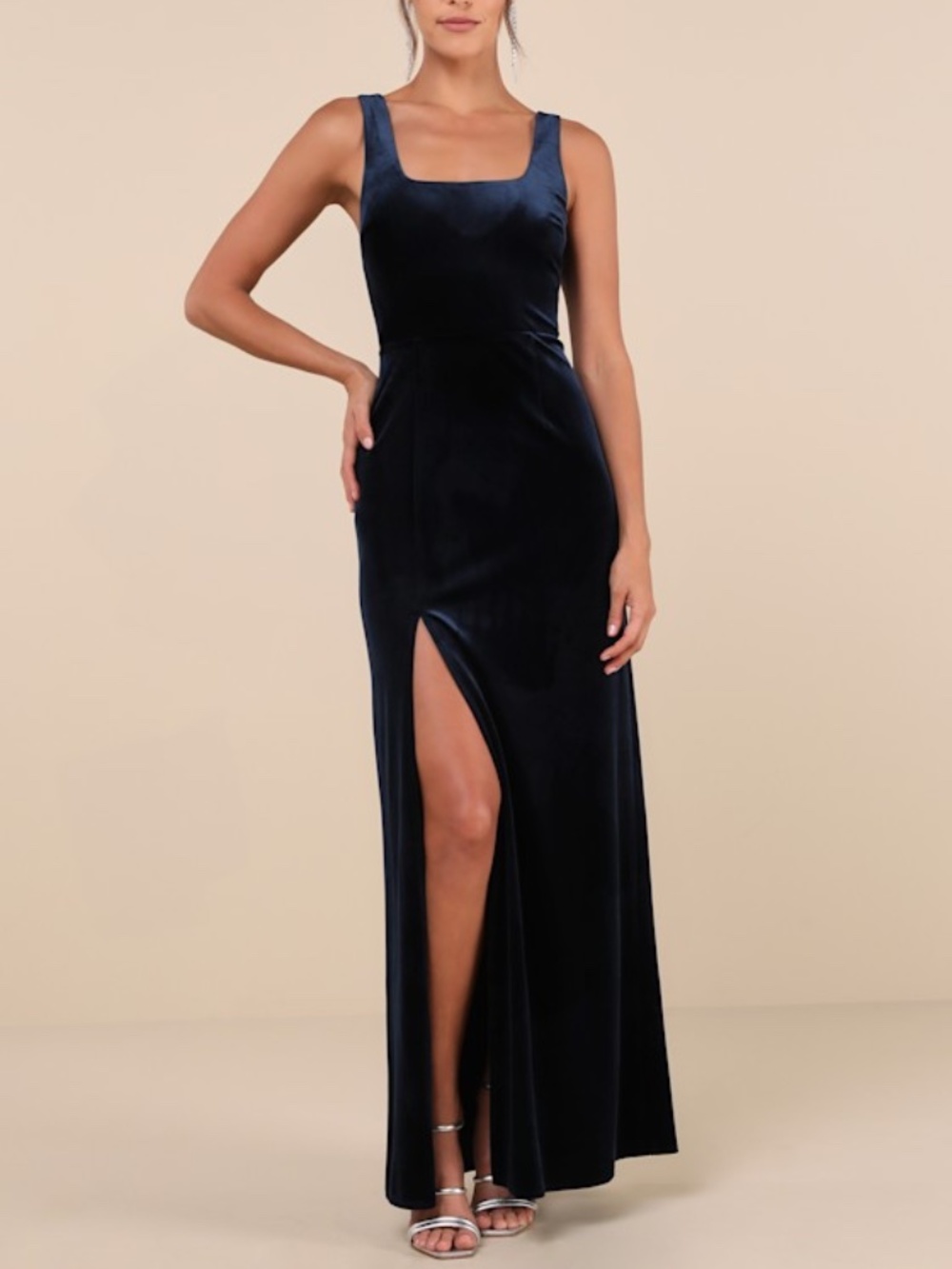 Lulus Elegant Sweetie Dark Navy Velvet Square Neck Maxi Dress Blue - Size 1X